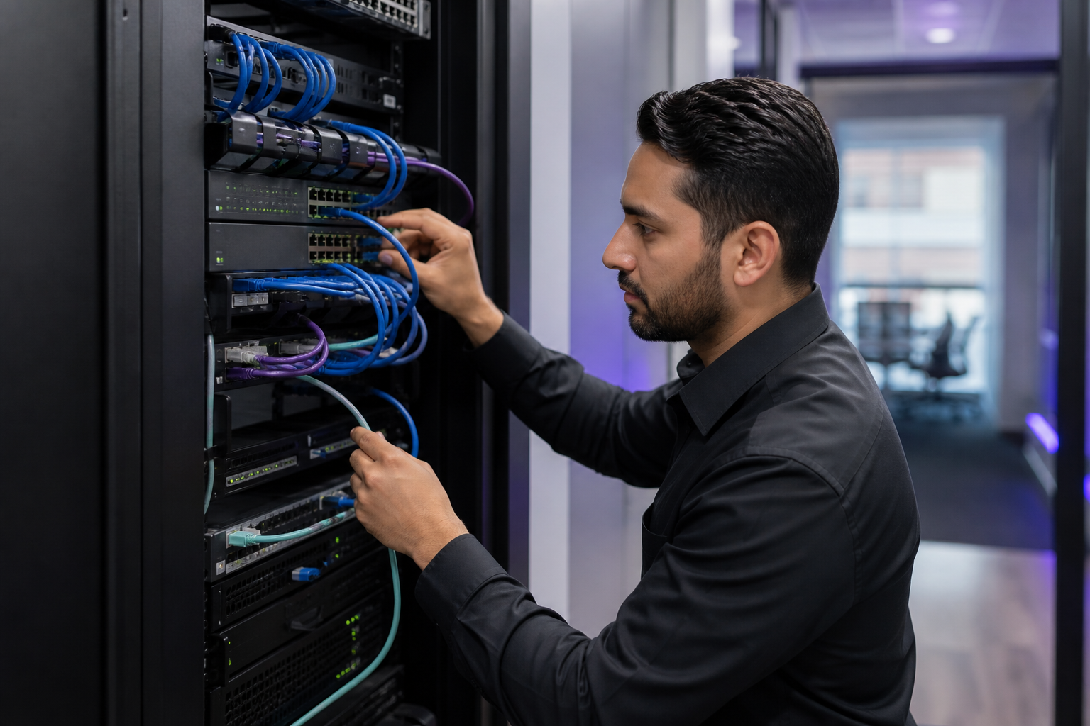 Network engineer configuring business infrastructure